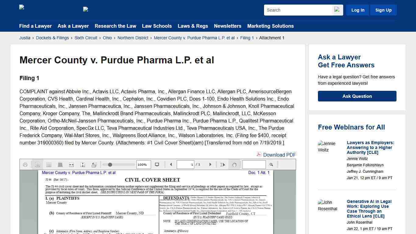 COMPLAINT against Abbvie Inc for Mercer County v. Purdue Pharma L.P. et al :: Justia Dockets & Filings